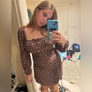 Brown mini square neck dress with flowers from Aritzia. NWT!!!!!